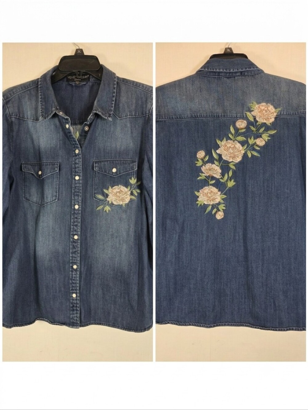 Velvet Heart Floral Embroidered Denim Button Down Shirt Chambray Top Size L